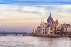 Parliament building, Budapest city, Hungary, on sunrise
