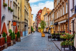 Traditional houses in a pedestrian street in historical Old town of Lviv, Ukraine