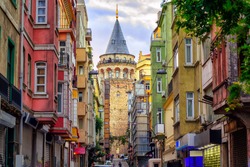 Galata Tower and the street in the Old Town of Istanbul, Turkey