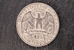One coin of 25 cents, close-up, top view.