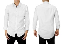 Man wear white long sleeve shirt, front and back view isolated on white