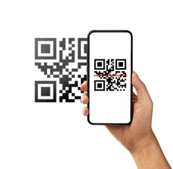 Scanning QR code with mobile smart phone isolated on white background.