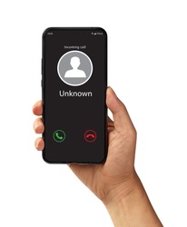 Hand holding the black smartphone with Unknown incoming call.