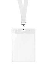 Transparent badge mockup isolated on white background. Plain empty name tag mock up with white string.