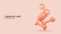 Healthy lifestyle concept. 3d set of sport equipment. Realistic fitness inventory, gym accessories in trendy colors. Dumbbells, water bottle and an apple. Vector illustration in cartoon minimal style.