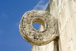 Juego de Pelota - The Great Ball Court, carved ring with serpents, Chichen Itza; Yucatan, Mexico