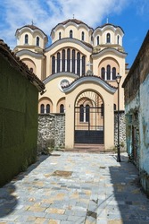 Narrow passage leading to the Nativity of Christ Orthodox Cathedral, Shkodra, Albania