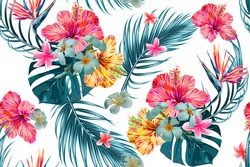 Beautiful seamless vector floral pattern, spring summer background with tropical flowers, palm leaves, jungle leaf, hibiscus, bird of paradise flower. Exotic wallpaper, Hawaiian style