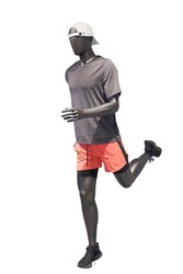 Full length image of a running male display mannequin wearing sportswear isolated on a white background.