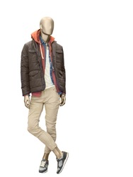 Full-length male mannequin dressed in casual clothes (jacket and trousers), isolated o n white background.  No brand names or copyright objects.