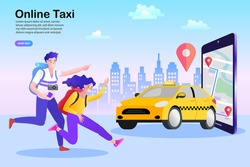 Online ordering taxi car, rent and sharing using service mobile application. Urban taxi service. Flat vector illustration.
