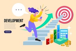 Businesswoman walking on stair. Graph to success. Business growing. Woman goes up step by step. Business boost concept. Vector illustration flat design.