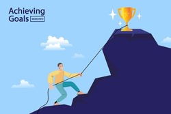 Man climbing mountain with rope and achieving goals. trophy on the hill. leader already at top, motivate to success, award trophy, competitive. Strong businessman making effort. Vector flat design.
