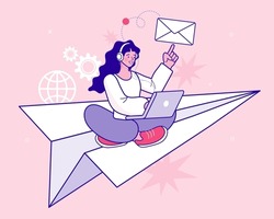 business people sitting on flying paper planes. email marketing, newsletter, news, offers, promotions subscription. Follow us on social media concept. trendy style vector outline illustration.