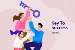 man and woman holding big key. over their heads. happy businessmen. Knowledge and partnership can lead to success. Real estate and accommodation concept. Vector flat illustration