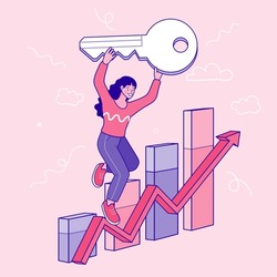 A business woman walking to the top of the graph ladder holding the golden success key to the sky. Key to business success. stairway to secret key or achieve career target. Flat design vector outline.