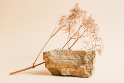 Stone podium with dried flowers for displaying products or cosmetics. Eco trends. Place for text