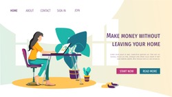 Web page template with young woman working at home. Freelance, work at home, online job and home office concept. Vector illustration in flat style for poster, banner and website development.