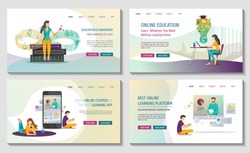 Set of Web pages for Online courses and trainings, Webinar, Distance education, Knowledge, Mobile learning App and E-learning. Vector illustration for poster, banner, presentation and website.