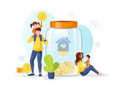 Large piggy bank in the form of a jar with coins inside and young family. Money saving or accumulating, Financial services, Home deposit concept. Isolated vector illustration.