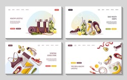 Set of web pages for healthy lifestyle, natural food, sport equipment, fitness, yoga, training, sportswear, sports shop, gym concept. Vector illustration for poster, banner, website, advertising.
