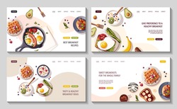 Set of web pages for Healthy eating, nutrition, cooking, breakfast menu, dessert, recipes, pastry, fresh food. Vector illustration for banner, website, poster.
