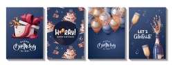 Set of Birthday cards with cake, gift box, balloons, champagne. Handwritten lettering. Birthday party, celebration, congratulations, invitation concept. Vector illustration. Postcard, card, cover.