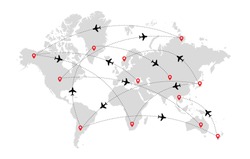 World travel map with airplanes, flight routes and pins marker