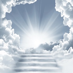 Stairway to Heaven.Stairs in sky.  Concept with sun and white clouds.Concept  Religion  background.