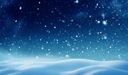 Christmas background with snow.Winter night landscape. Happy new year greeting card with copy-space.
