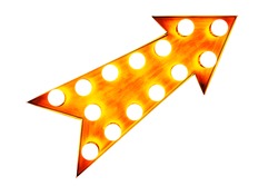 Orange, yellow and reddish color vintage bright and colorful illuminated metallic display arrow sign with glowing light bulbs isolated on a seamless white background