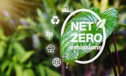 concept of carbon neutral and net zero emissions. natural environment A climate-neutral long-term strategy greenhouse gas emissions targets with green net center icon on leaf and green background.    