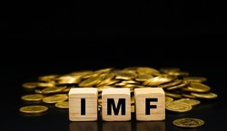 Stacks of gold coins with the letters IMF (International Monetary Fund) on a wooden cube. Business concept.                                                  