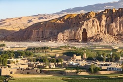 Afghanistan, Bamiyan (Bamian or Bamyan), cultural landscape and archeological remains, UNESCO World Heritage site, overview of the valley, town and empty niches where Buddha statues were destroyed