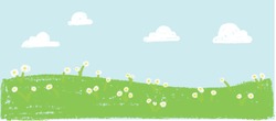 Wax crayon kid`s hand drawn grass hills with blue sky ,child`s drawn white flowers set. kid`s drawing spring and summer meadow. Vector pastel chalk background banner