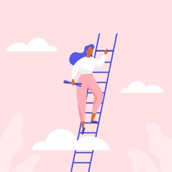 Woman climbing the stairs. Сareer growth, achievement of success in business or study. Flat vector illustration.