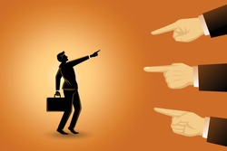 Vector illustration of business concept, a businessman being pointed by giant fingers, hands pointing to blame a businessman