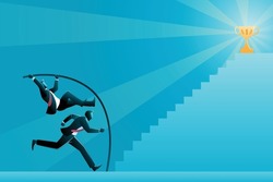 Vector illustration of business concept, two businessman compete to reach trophy on peak of stairs