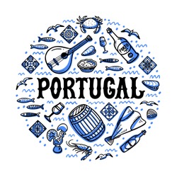 Portugal landmarks set. Round shape design with portugal symbols. Handdrawn sketch style vector illustration.
