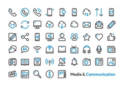 Media and Communication Icon Set with Black and Blue color. Modern Thick Line Style. Suitable for Web and Mobile Icon. Vector illustration EPS 10.