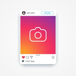 Template social media instagram photo frame with colorful abstract background and photo camera, mockup post. Social media instagram content, concept. Vector illustration. EPS 10
