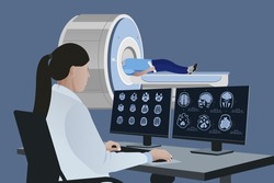 A radiologist analyzes the results of a patient's brain MRI on a computer monitor. Diagnosis of brain diseases in a doctor examining magnetic resonance imaging (MRI) Diagnosis of neurodegenerative
