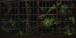 Botanical garden with panoramic windows. Jungle and tropical plants outside the window. Beautiful design for postcard, picture, mural, wallpaper, photo wallpaper.