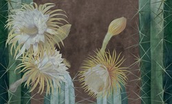 Beautiful painted cacti on the concrete brown wall. Blooming cactus. Floral background for wallpaper, photo wallpaper, mural, card, postcard, painting. Design in the loft, classic, modern style.