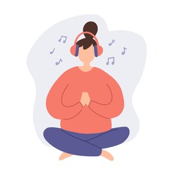 Woman meditation for concept design. Female body health illustration. Doodle cartoon woman character meditating and listen music with headphones. Music therapy. Calmness and relax
