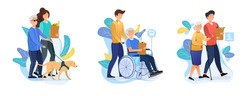 Three designs depicting old age care for retirees with carers helping an elderly person with dog, in a wheelchair and using a walking stick with their shopping, vector illustration