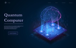 Tech background with Quantum Computer text caption and microchip image with glowing holographic human brain in purple light on dark blue background. Neural networks, AI and computing technology