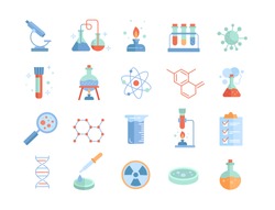 Large set of Chemistry lab and diagrammatic icons showing assorted experiments, glassware and molecules isolated on white for design elements, colored vector illustration