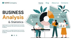 Business analysis and teamwork concept with diverse people analysing statistical charts and graphs and copyspace for text, colored vector illustration