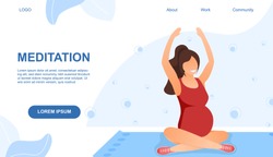 Vector illustration concept of meditation. Pregnant woman practicing yoga on fitness mat at home. Webpage template